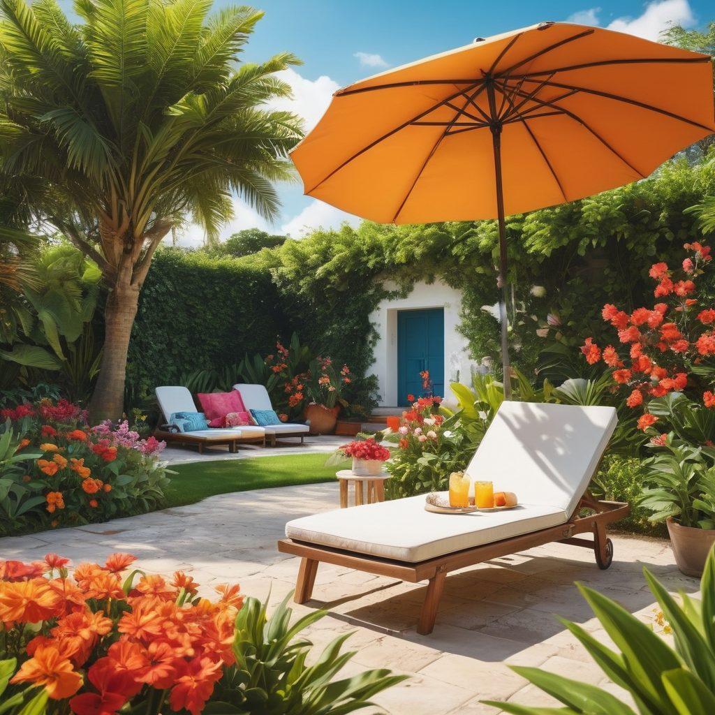 A vibrant summer scene featuring a stylish beach setting with various fashionable swimwear on display, surrounded by lush green gardens full of colorful flowers. Include outdoor living elements like a cozy sun lounger, a chic umbrella, and tropical drinks to emphasize relaxation. The sky should be bright blue with fluffy white clouds, inviting viewers to dive into the essence of summer. super-realistic. vibrant colors. sunny atmosphere.