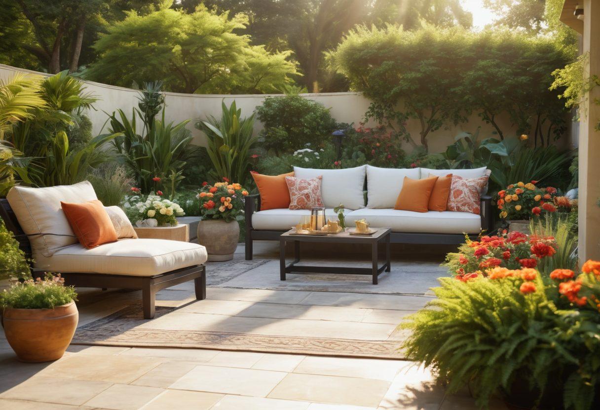 A serene garden space featuring lush greenery, vibrant flowers in full bloom, and chic outdoor furniture adorned with soft cushions, all basking in golden sunlight. Include elegant garden decor, such as lanterns and a stylish water feature, to create a tranquil retreat atmosphere. Capture the essence of relaxation and transformation in the design. super-realistic. vibrant colors. warm lighting.